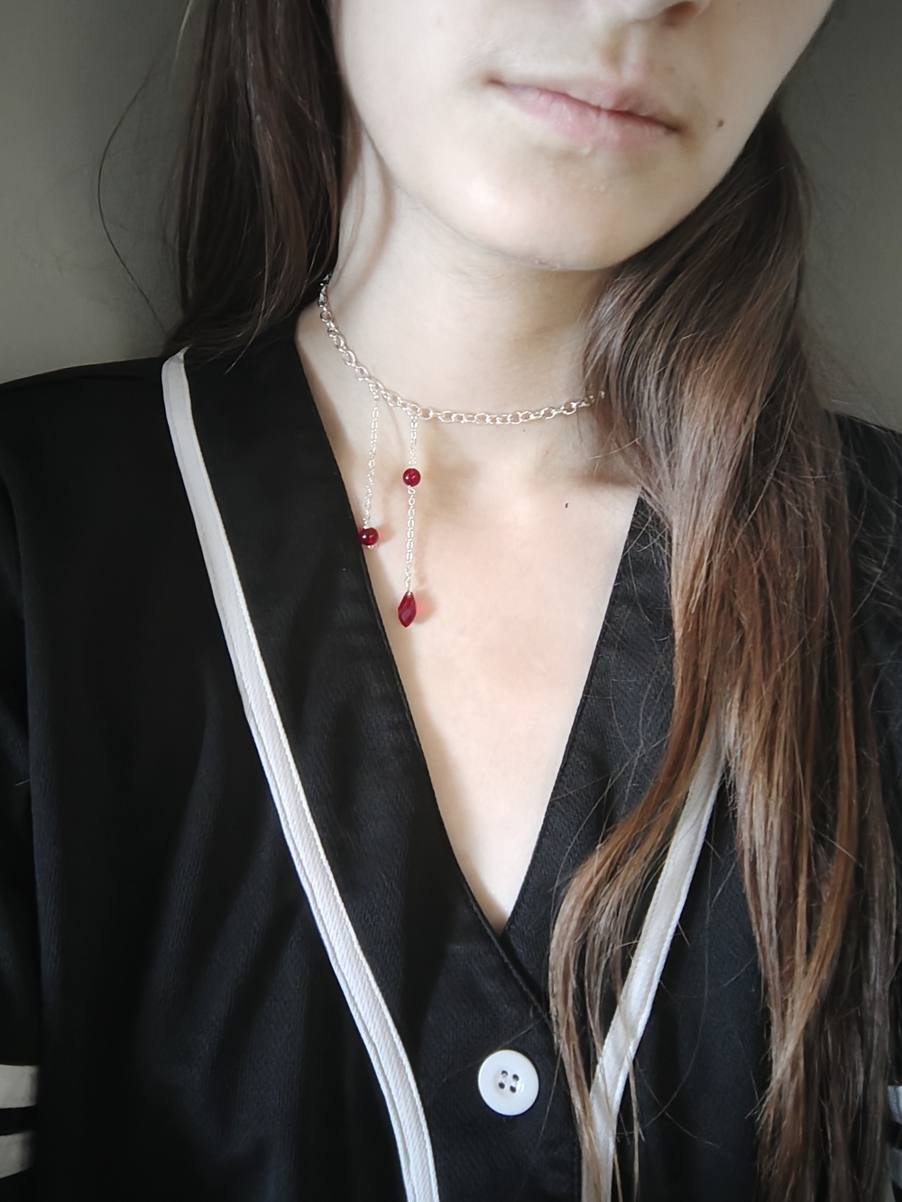 Silver Bleeding Vampire Gothic Chain Choker Necklace with Red Bead Drops